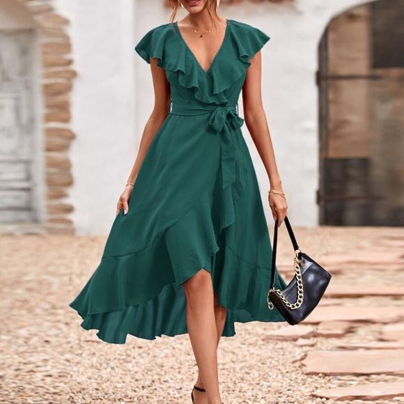 BellanBlue Dresses & Skirts - Boho Dark Green ruffle hem wrap belted Maxi Dress